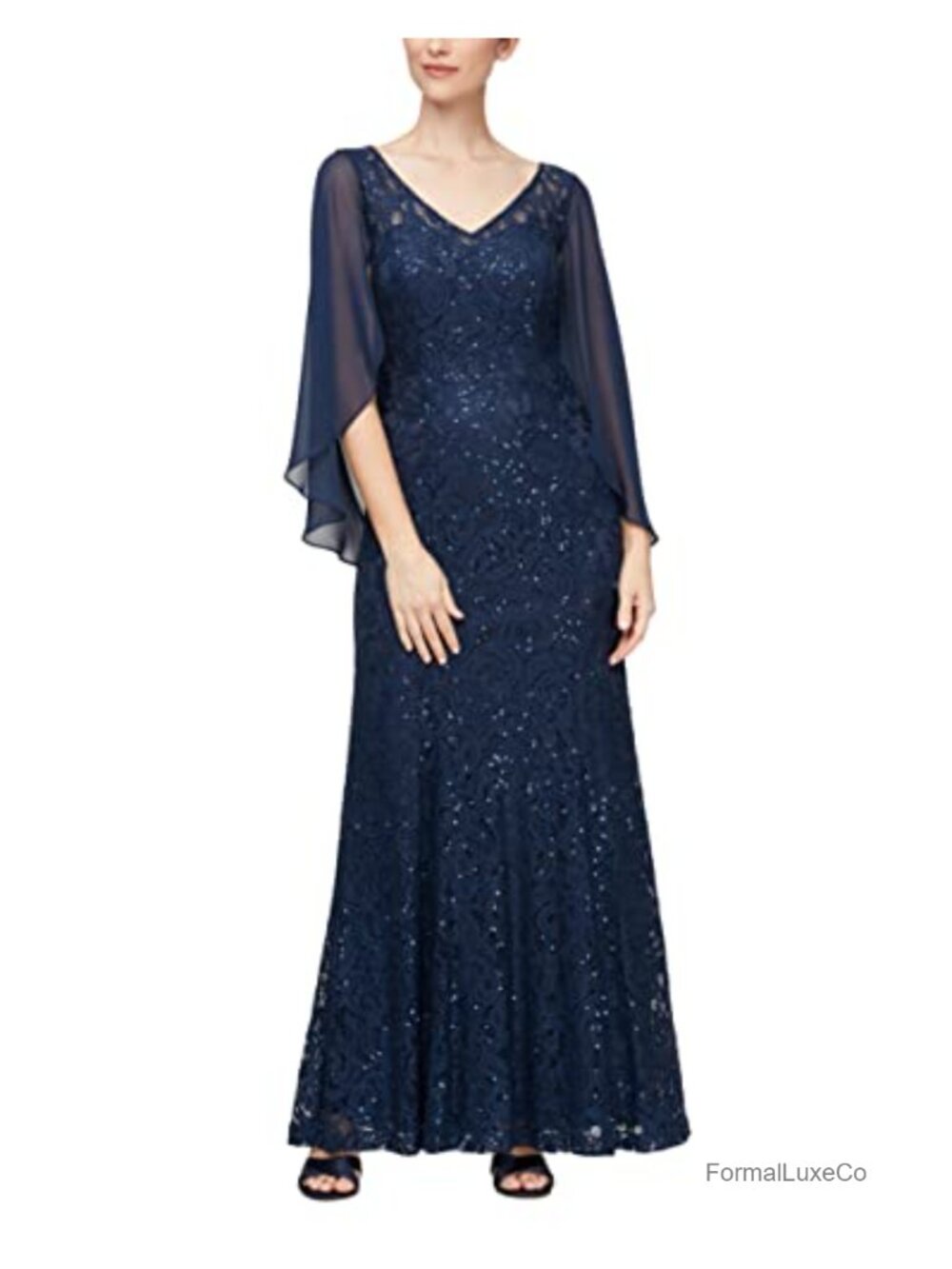 Formal Floor-Length A-Line Dress with Sequins and Cape
